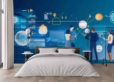 Business professionals are gathered around a digital interface, discussing a project with 5G technology. The image symbolizes innovation, collaboration, data, connectivity, and future success. Wall mural