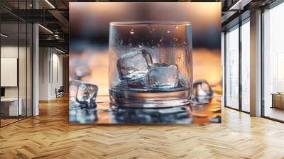 Crystal Clear Ice Cubes in a Glass on a Wet Surface - A close-up of a glass filled with ice cubes, resting on a wet surface. The glass is condensation, highlighting the coolness of the ice. The ice cu Wall mural