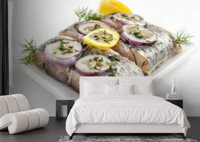 Marinated herring fillets with dill, onion and lemon slices, a classic German dish. Perfect for appetizers or light meals. Wall mural