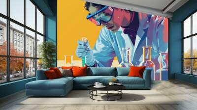 Scientist Examining Colorful Chemicals in Lab - A female scientist in a lab coat and safety goggles examines a row of beakers filled with vibrant liquid. The colors represent the diverse aspects of sc Wall mural