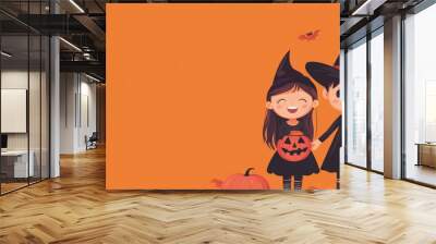 Two children dressed in Halloween costumes, a girl in a witch costume and a boy in a wizard costume, stand together holding jack-o'-lantern buckets. The orange background symbolizes autumn, while the  Wall mural