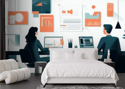 Two colleagues working at a desk, surrounded by data visualizations and charts, representing the importance of data in employee performance, goal setting, and achieving success. Wall mural