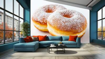 Two freshly baked Berliner doughnuts, dusted with powdered sugar, perfect for a sweet treat. Wall mural