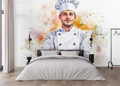 Watercolor illustration of a confident chef with crossed arms, wearing a white chef hat and uniform, set against a colorful watercolor background, symbolizing culinary passion, expertise, and professi Wall mural