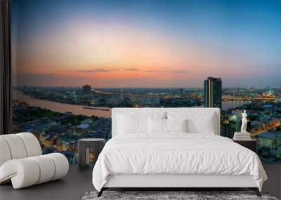 Landscape of River in Bangkok city with blue sky Wall mural