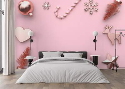 gift box and christmas element snow christmas tree star pink background blank space 3d rendering Wall mural