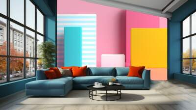 pink blue yellow geometric shape pattern colorful 3d render scene Wall mural