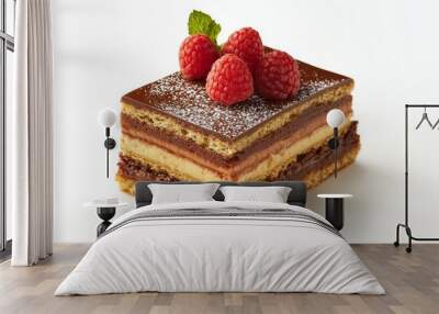 A beautiful slice of Gateau Opera, a classic French dessert, showcasing alternating layers of coffee-flavored sponge cake, buttercream, and chocolate ganache. It is adorned with fresh raspberries and  Wall mural