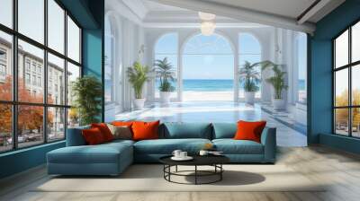 A breathtaking view of the ocean from a luxurious beachfront home. The large windows frame the turquoise water and white sand beach, while the white marble floors and ornate chandeliers create a sense Wall mural