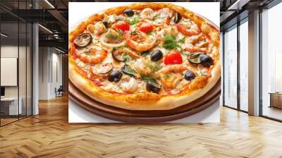 A close-up shot of a delicious seafood pizza with shrimps, olives, and cherry tomatoes on a white background. Wall mural