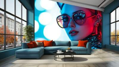 A fashionable woman with cat ears poses confidently under vibrant blue and red neon lights, showcasing a modern and playful aesthetic. The image embodies style, confidence, and a touch of whimsy. Wall mural