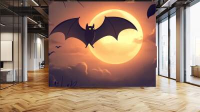 A lone bat silhouette flies through the night sky, its wings spread wide as it soars towards a full moon. The moon illuminates the clouds, casting long shadows on the landscape below. The image evokes Wall mural