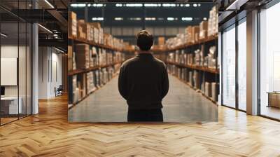 A man stands in the middle of a large warehouse, looking at the rows of boxes stacked on shelves. He is surrounded by inventory, representing the process of distribution, logistics, and supply chain m Wall mural