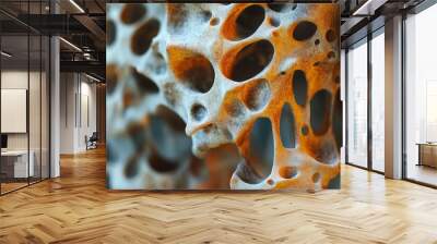 A microscopic close-up of a bone cyst, revealing a honeycomb-like structure with cavities and  thin, porous bone tissue. The image illustrates the fragility and structural changes associated with bone Wall mural