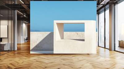 A modern architectural design featuring a white concrete structure with an open frame overlooking a serene ocean landscape. This image embodies simplicity, elegance, and the connection between nature  Wall mural