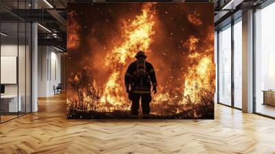 A single firefighter stands silhouetted against a raging inferno, their back to the camera, symbolizing bravery, sacrifice, and resilience in the face of danger. The image captures the intense heat, t Wall mural