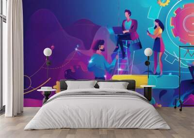 A vibrant illustration depicting agile teamwork, symbolizing collaboration, innovation, problem-solving, progress, and a dynamic work environment. Wall mural