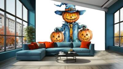 A whimsical watercolor illustration of a pumpkin scarecrow wearing a blue hat and coat, holding two jack-o-lanterns. This illustration is perfect for Halloween, fall, and autumn themes. Wall mural