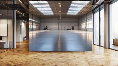 A wide-angle view of a modern and spacious warehouse with large skylights, an open floor plan, and polished concrete flooring. This space is ideal for a variety of uses, from storage and manufacturing Wall mural