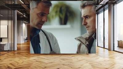 Doctor and Patient Discussing Healthcare Options - A doctor in a white coat listens intently to a concerned patient, showcasing a moment of empathy and trust in the healthcare relationship. Wall mural