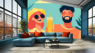 Four friends, two women and two men, are pictured smiling and enjoying drinks outdoors. They are all wearing sunglasses and summery attire. The image evokes a sense of friendship, fun, and summer rela Wall mural