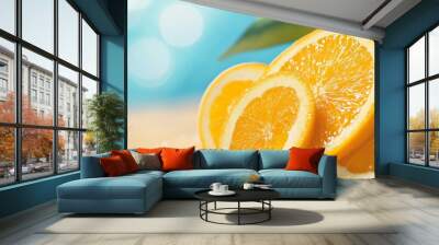 Fresh, juicy orange slices on a beach with a blue and green background.  Symbolizing summer, vitamin C, sunshine, refreshment, and happiness. Wall mural