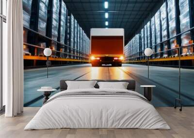 Refrigerated truck being loaded with goods in a modern warehouse, showcasing efficient logistics and supply chain operations. Wall mural