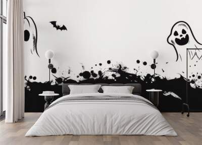 Spooky Halloween Banner with Jack-o'-Lanterns and Ghosts - A black and white Halloween banner featuring two jack-o'-lanterns with spooky faces, a friendly ghost, and bats flying overhead. Black ink sp Wall mural