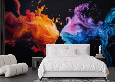 Two abstract figures, one red and orange, the other blue and purple, confront each other in a passionate, swirling dance, symbolizing conflict, passion, duality, and the struggle for dominance. Wall mural