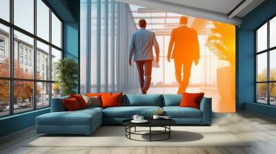 Two businessmen in suits walk towards a bright future in a modern office setting, symbolizing ambition, teamwork, leadership, and growth. Wall mural