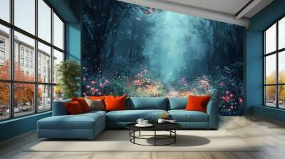 Magical forest path, glowing flowers and mist, leading to a hidden realm, Watercolor style Wall mural