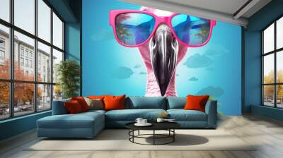 flamingo is wearing sunglasses with a blue background, Summer theme Wall mural