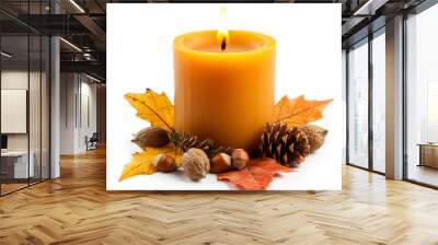 Autumn candle and decorations with white background Wall mural