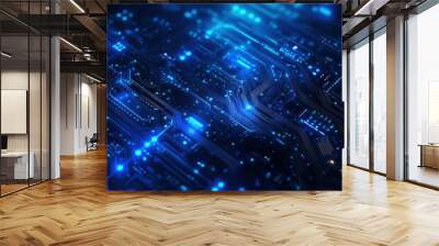 Abstract Circuit Board with Glowing Blue Lights Wall mural