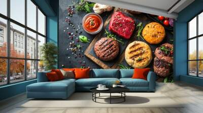 Grilled Burgers and Ingredients on Dark Background Wall mural