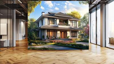 Modern two-story house with a beautiful landscape Wall mural