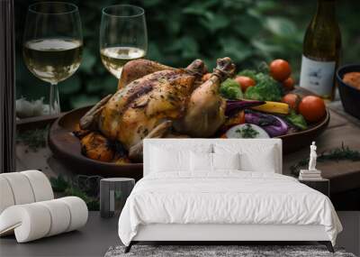 Wooden serving tray of roasted chicken & vegetables, picnic table in a lush garden. Juicy & flavorful, crispy skin & tender meat. Caramelized vegetables herbs seasoning. White wine bottle & glasses. Wall mural