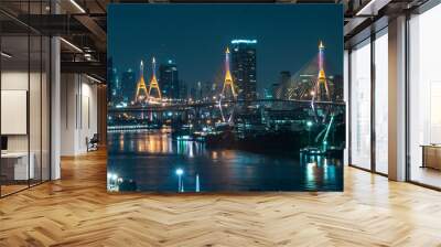 Bhumibol Bridge 1 and 2 with beautiful light up at night scene, Bangkok Thailand Wall mural