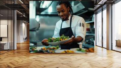 An African American chef presenting vibrant plant-based dishes in a professional kitchen Wall mural