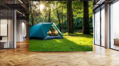 Camping tent on a grassy campground in a green forest Wall mural