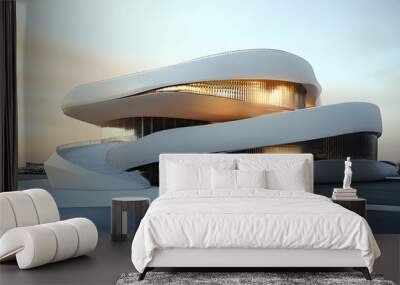 Futuristic building with curved staircase, modern architecture design Wall mural