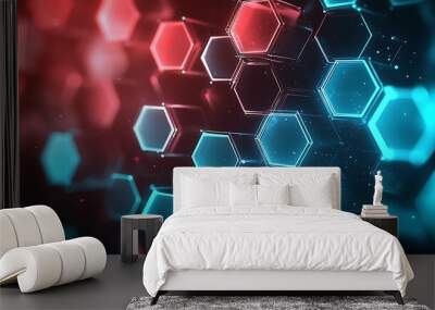 High-tech design with soft glowing hexagons in coral and aqua for luxurious digital wallpaper. Wall mural