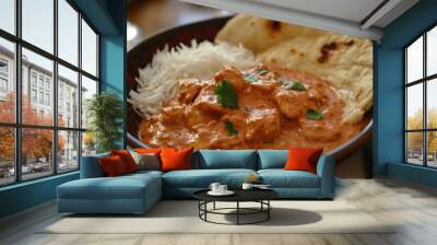 Homemade Indian butter chicken served with rice and naan bread Wall mural