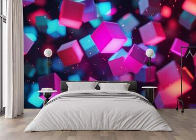 Neon-colored paper squares, floating against a dark backdrop, glowing as if illuminated from within for a futuristic effect Wall mural