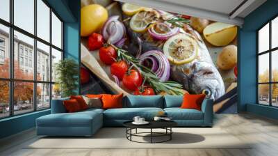 Oven ready marinated seabass with vegetables Wall mural