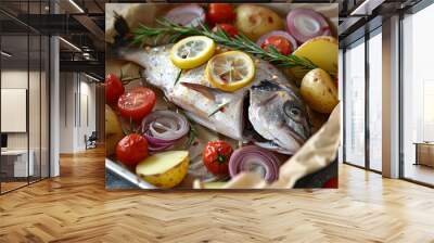 Seabass marinated with sweet onions lemon potatoes cherry tomatoes and rosemary in oven tray ready to bake Wall mural