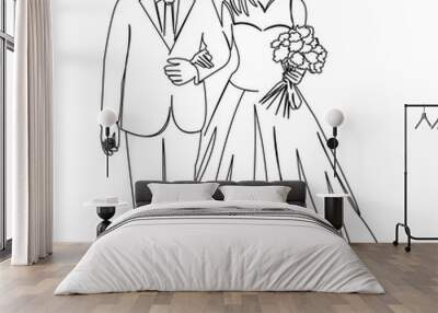 One continuous single drawing line art flat doodle wedding, bride, groom, couple, love. Isolated image hand draw contour on a white background
 Wall mural