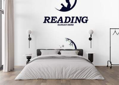 Reading in moon logo designs concept, Child Education logo designs vector template Wall mural