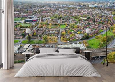 Aerial View of Manchester City During Autumn Season and Cloudy Day over England Great Britain. High Angle Drone's Camera Footage was Captured on October 29th, 2024 Wall mural