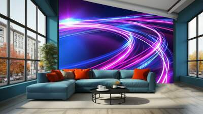 An abstract, neon-hued background takes shape as a high-energy singularity glows in space in this 3D rendering,Abstract neon colorful backgr ound. Banner with helix lines on dark gradient and blurred  Wall mural